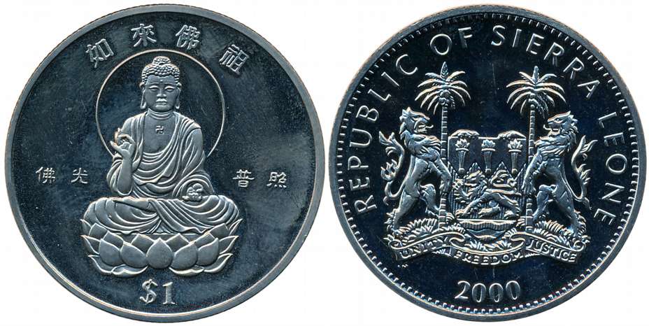 Sierra Leone, Cupro Nickel, 1 Dollar, 2000, Lord Buddha, Obv. Buddha with legend, Rev: Nat