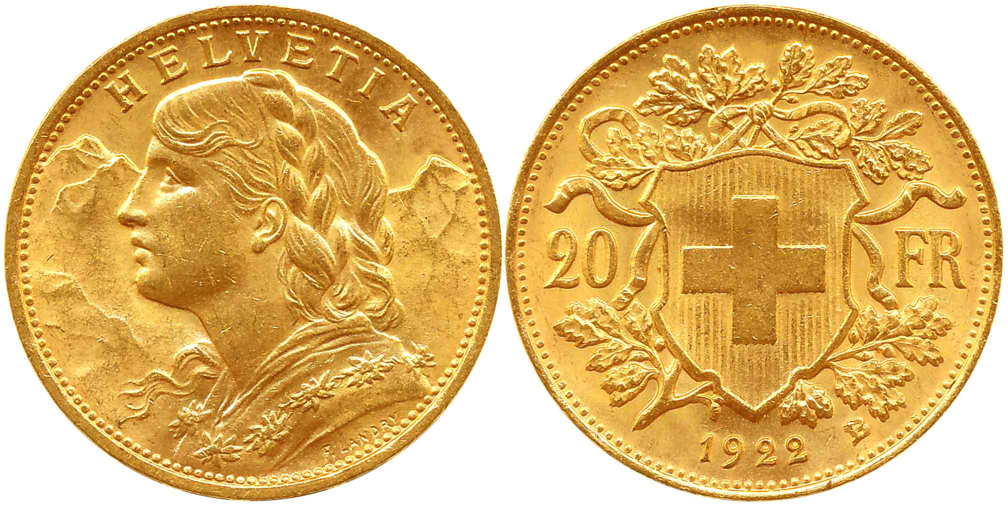 Switzerland, Gold 20 Francs, 6.45g, Obv: Young female portrait, wearing flower garland, fa