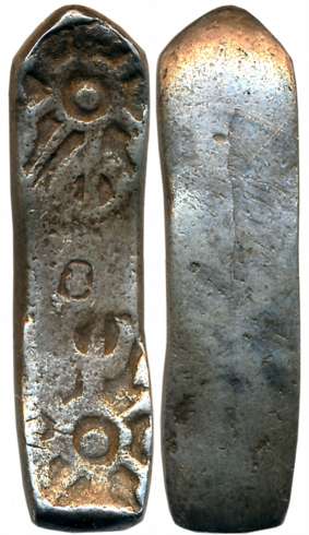 Punch Marked, Attributed to Gandhara Janapada, Silver Bent Bar, 9.91g, Unifaced, Double sy