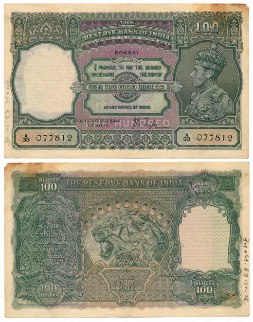 George VI, Rupees 100, Type 7, Signed J.B. Taylor, Prefix A/33, Bombay Circle (Jhun# 7.1A)
