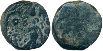 Mathura, Monarchical Coinage, Brahmamitra, Alloyed Copper, 5.30g, Obv: Goddess standing fa
