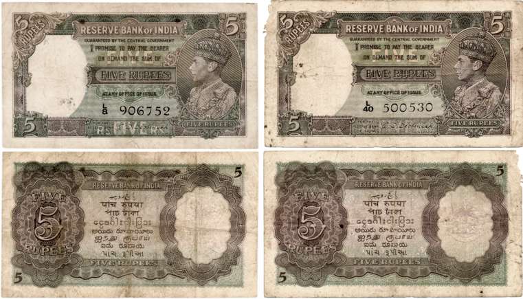 George VI, Rupees 5 (2), 1st issue, Type 3, Signed C. D. Deshmukh, Prefix L/8& L/40 (Jhun#
