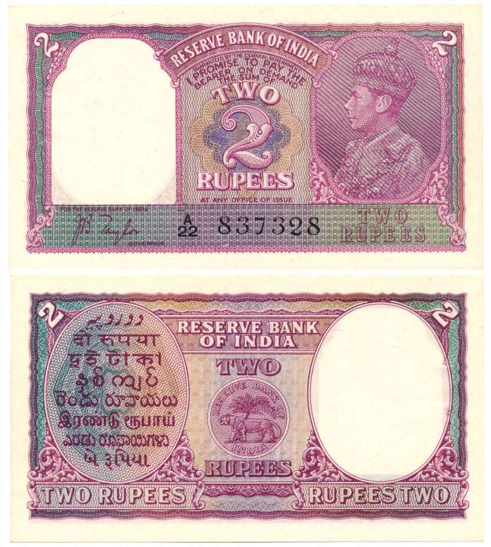 George VI, Rupees 2, Type 2, Signed J. B. Taylor, Prefix A/22, Serial Number in Black (Jhu