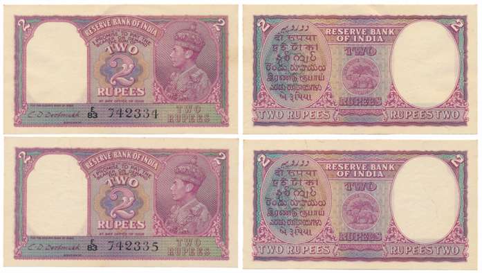 George VI, Rupees 2 consecutive Notes (2), Type 2, Signed C. D. Deshmukh, Prefix E/83, Ser