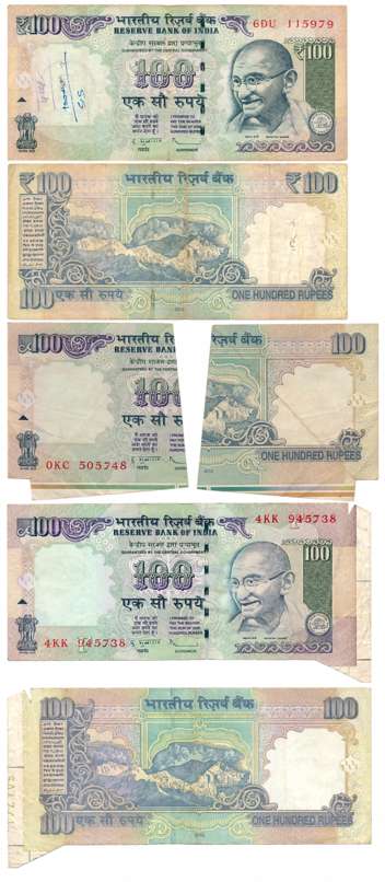 Rupees 100 (3), “Error- Cut”, Signed D. Subbarao, Prefix 0KC, “Error- Extra Paper”, Prefix