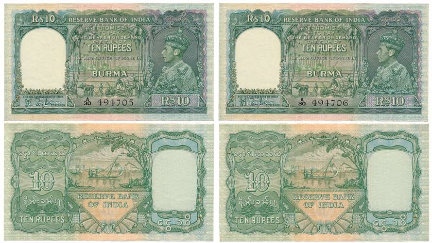 Reserve Bank of Burma, George VI, Rupees 10, Consecutive 2 Notes, Type 5, Signed J.B. Tayl