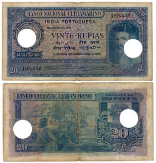 Indo Portuguese, Goa, 20 Rupias, 6th issue, Type 31, Signed P-2 A-8, Two cancellation hole