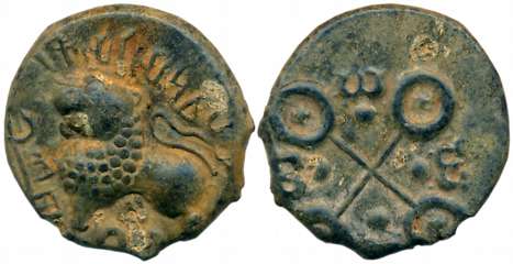Satavahanas, Siri Satakarni, Alloyed Copper, 4.55g, "Junnar Lion" Type, Obv: Lion standing