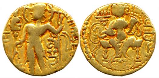 Guptas, Samudra Gupta, Gold Dinar, 7.64g, “Javelin” type, Obv: Nimbate king standing left 