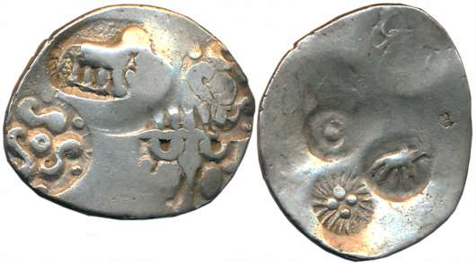 Punch Marked, Attributed to Kalinga Janapada, 3.51g, Obv: Four symbol type including Eleph