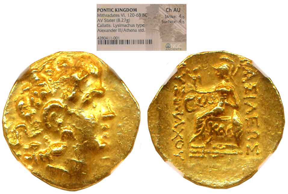 Pontic kingdom, Mithradates VI, Gold, 8.27g, AV Stater, “Callatis, Lysimachhus” type, Obv: