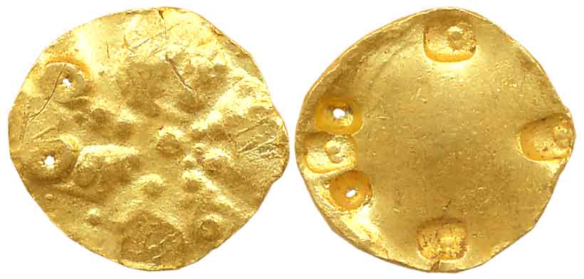Chalukyas of Badami Period, Uninscribed Gold Gadyana, 4.38g, Obv: Large ornamental lotus, 