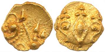 Santaras of Santalige, Anonymous, Gold Fanam (Hana), 0.38g, Obv: Lion facing right, Rev: M