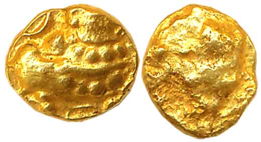 Nolambas of Nolambavadi, Anonymous, Gold Fanam, 0.40g, Obv: Nandi recumbent to right, Cres