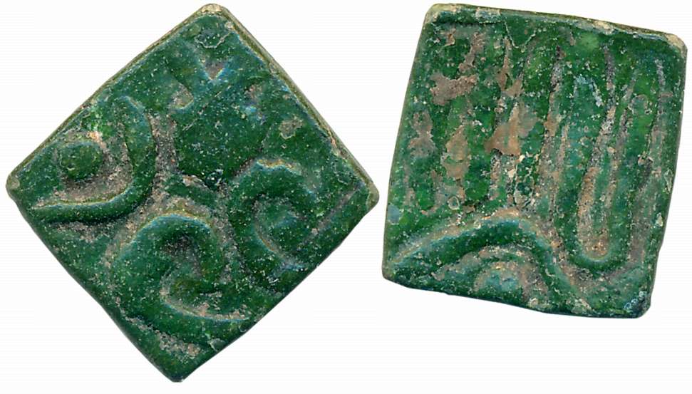 Taj al din Firuz, Copper Square 1/4 Paisa, 1.09g (G&G# BH70J). Uncleaned, fine, rare.