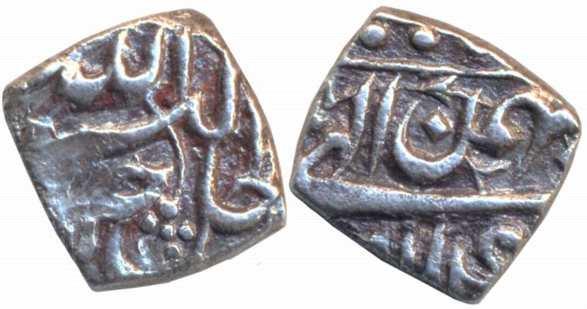 Akbar, Silver Square 1/8 Rupee, 1.33g, “Jalalalhu” type, Lahore Mint, Ilahi Year 4X (KM# 5