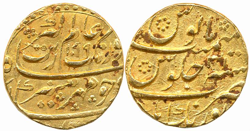 Aurangzeb, Gold Mohur, 11.01g, Aurangabad Mint, AH 1099/ RY 31 (KM# 315.11). Mint name on 