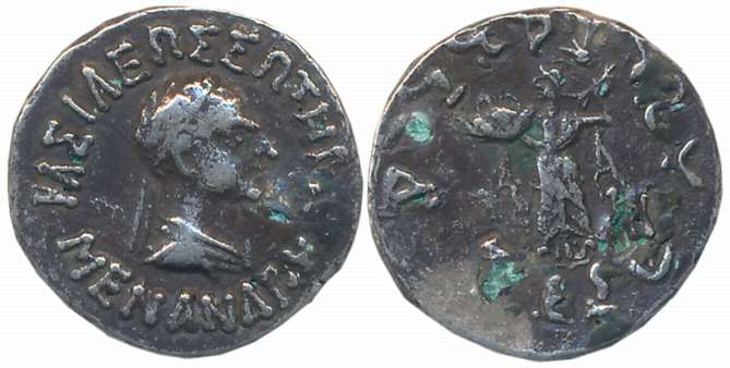 Indo Greeks, Menander I, Silver Drachma, 1.98g, Obv: Diademed bust of king to right, Greek