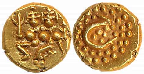 Haider Ali, Gold Fanam, 0.37g, Obv: Lord Shiva Parvati seated, Rev: Persian letter “He” fo