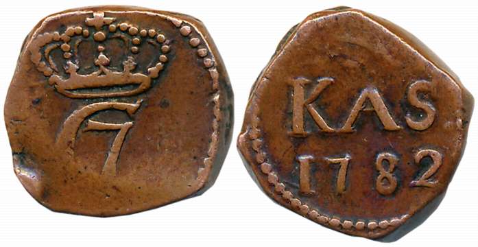 Christin VII, Copper 10 Cash, 6.24g, 1782, Obv: C7 Crowned, Rev: Value & date (KM# 165). V