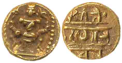 Gold 1/2 Pagoda, 1.74g, Pulicat, Obv: Lord Venkateshwara, standing within a decorated fram