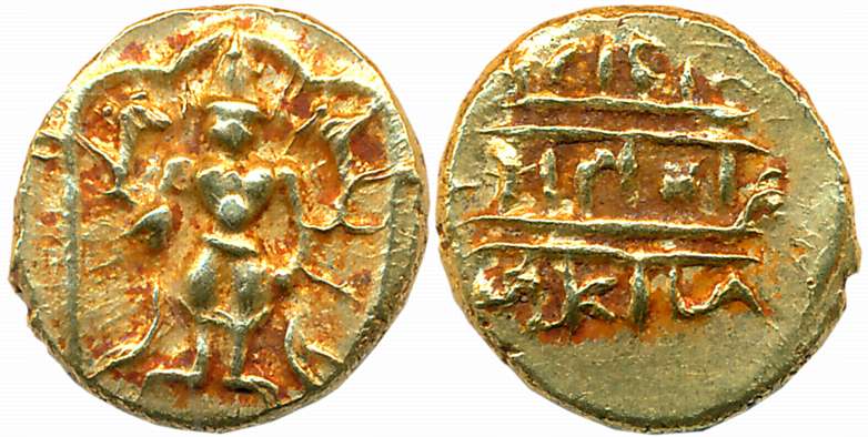 Gold 1/2 Pagoda, 1.73g, Pulicat, Obv: Lord Venkateshwara, standing within a decorated fram