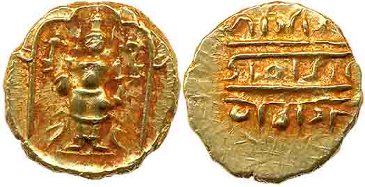 Gold 1/2 Pagoda, 1.71g, Pulicat, Obv: Lord Venkateshwara, standing within a decorated fram