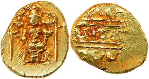 Gold 1/2 Pagoda, 1.74g, Pulicat, Obv: Lord Venkateshwara, standing within a decorated fram