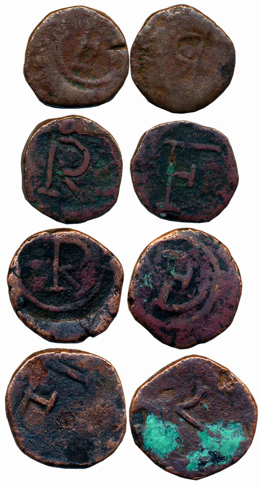 Goa, D. Filip I, Copper 2 Bazaruco (4), 6.89g, 7.58g, 8.99g, 5.96g, Obv: Initial “R”, Rev: