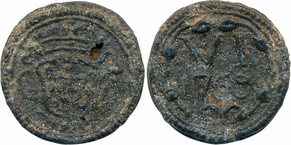 Goa, D Jose I, Tin, 6 Reis, 8.56g, 1769, Obv: Crowned arms divided “GA”, Rev: Value, date 