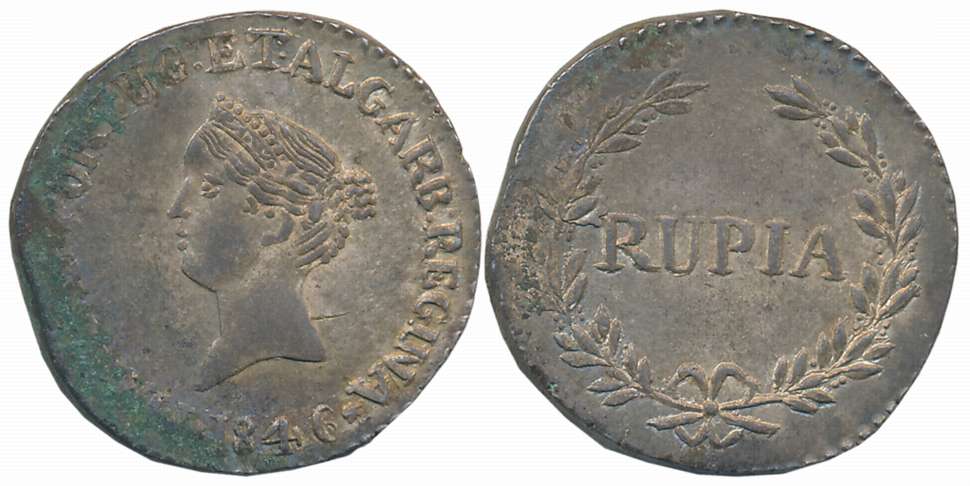Goa, D. Maria II, Silver Rupia, 11.02g, 1846, Obv: Bust to left, date below, Rev: Value wi