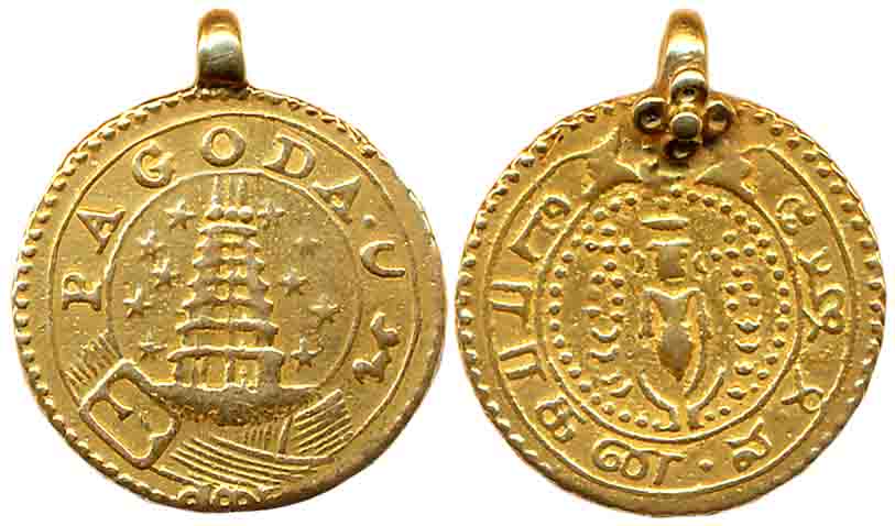 Gold Pagoda, 3.21 g, 1808 issue, value in English and Persian on buckled garter around Gop
