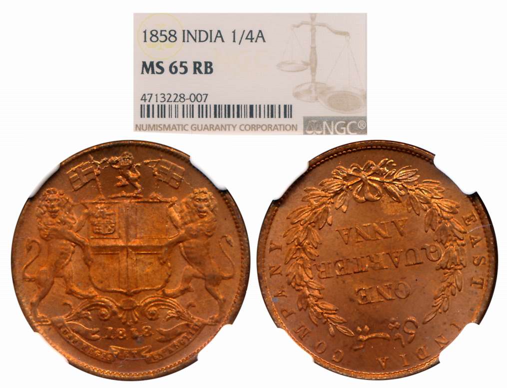 Copper 1/4 Anna, 1858, Lions holding flags and supporting arms, surmounted by helmet (KM# 