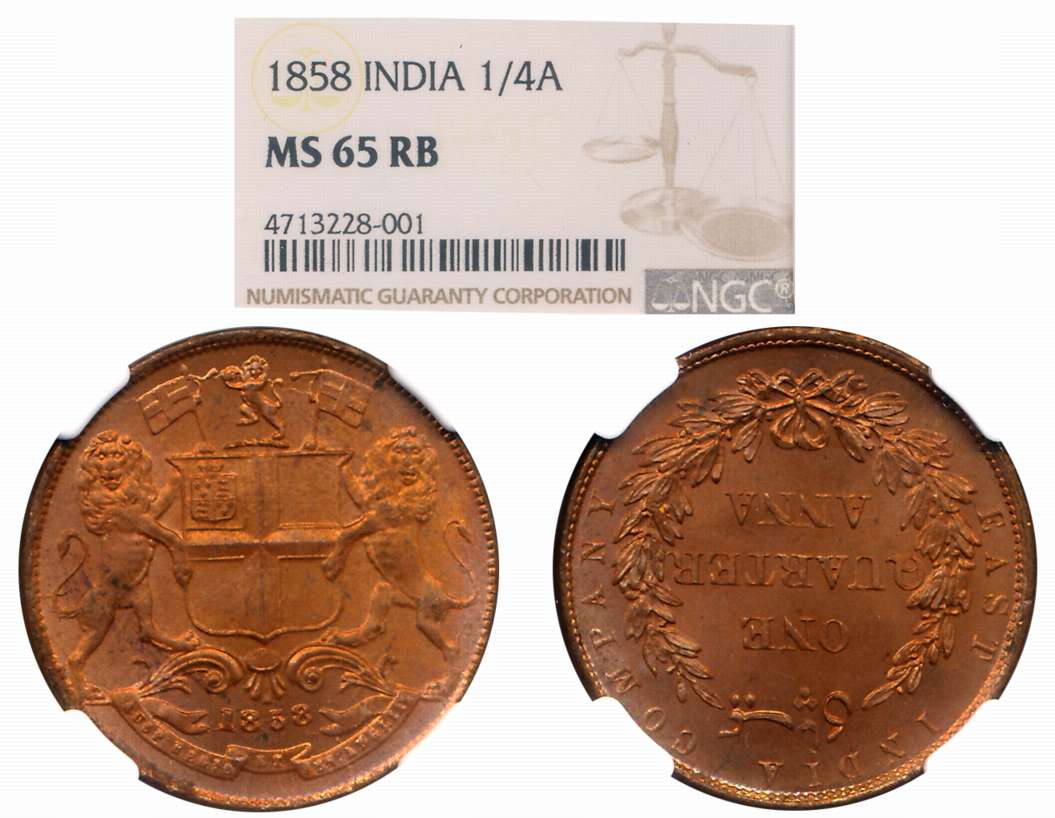 Copper 1/4 Anna, 1858, Lions holding flags and supporting arms, surmounted by helmet (KM# 