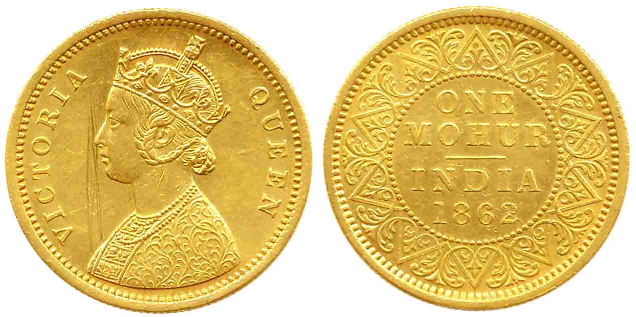 Victoria Queen, Gold Mohur, 11.66g, 1862, Calcutta Mint, Obv: Crowned & robed bust to left