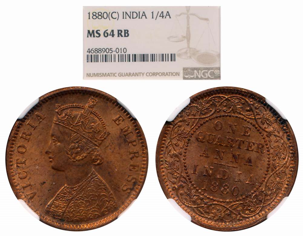 Victoria Queen, Copper 1/4 Anna, 1880, Obv: Crowned bust left, Rev: Denomination and date 