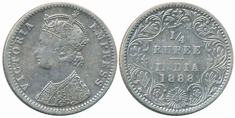 Victoria Empress, Silver 1/4 Rupee, 1888, Bombay Mint, C/II/B raised (Prid# 421). About ve