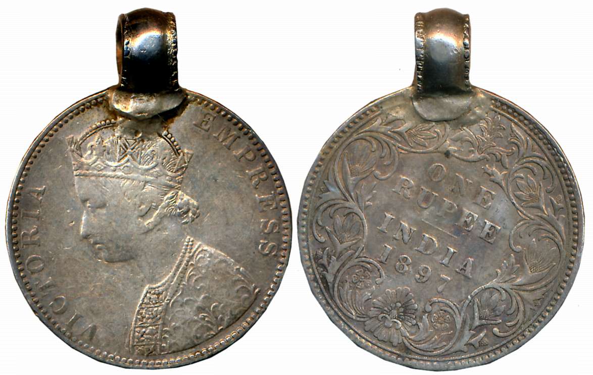 Victoria Empress, Silver Rupee, 13.44g, 1897, Bombay Mint, with jewellery loop. Fine.