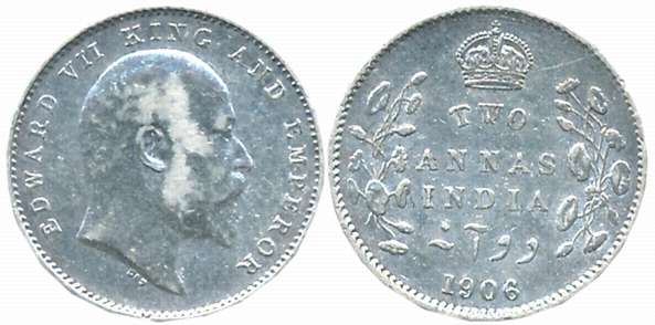 Edward VII, Silver 2 Anna, Calcutta Mint, 1906 (Prid# 559). Extremely fine.
