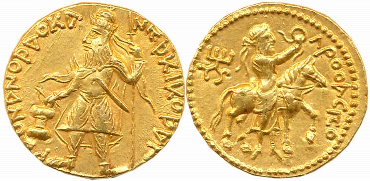 Kushans, Kanishka I, Gold Dinar, 8.00g, Obv: King standing facing left, wearing diadem, he