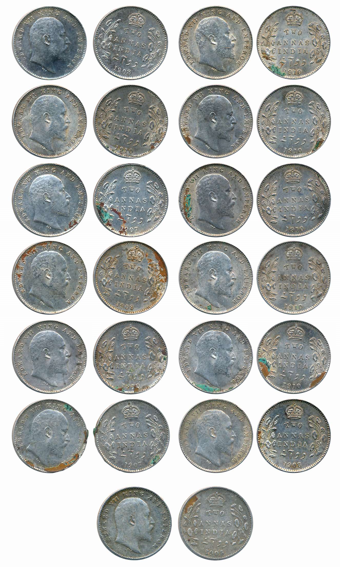 Edward VII, Silver 2 Annas (13), 1905(1), 1907(2), 1908(3), 1910(7). Very fine to very fin