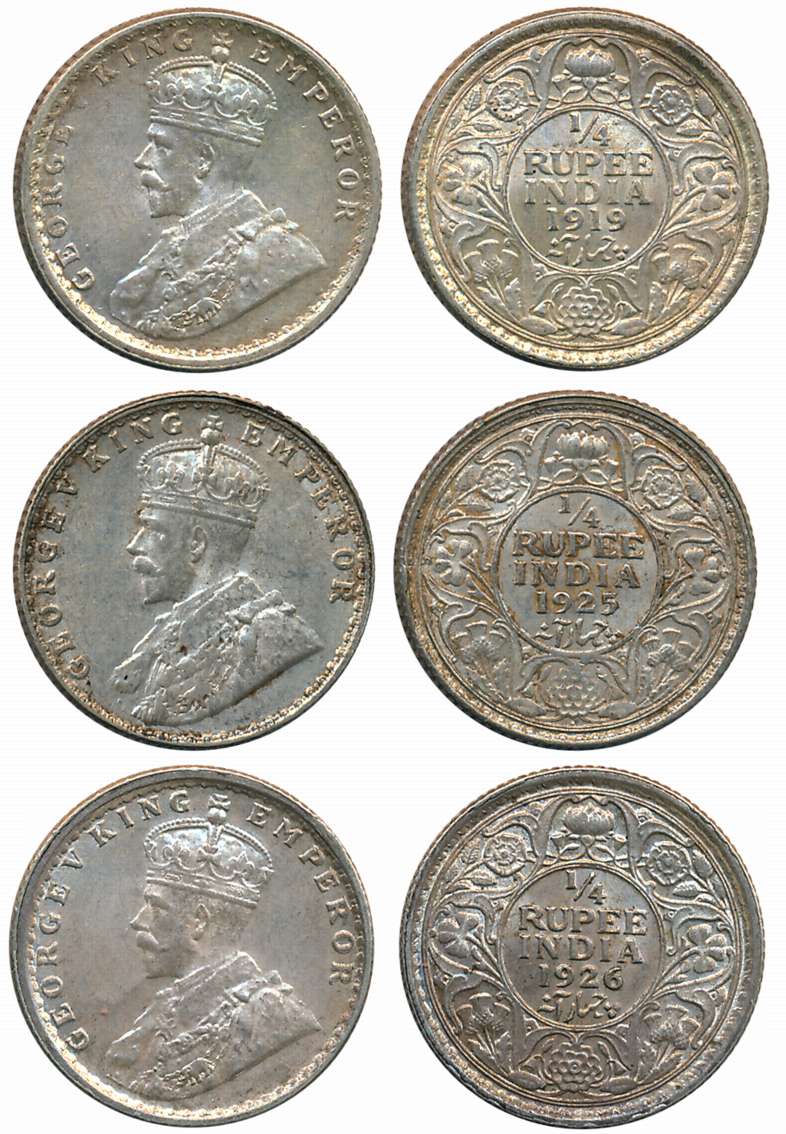 George V, Silver 1/4 Rupees (3), Calcutta Mint (2), 1919 (Prid# 448), 1926 (Prid# 449) & B