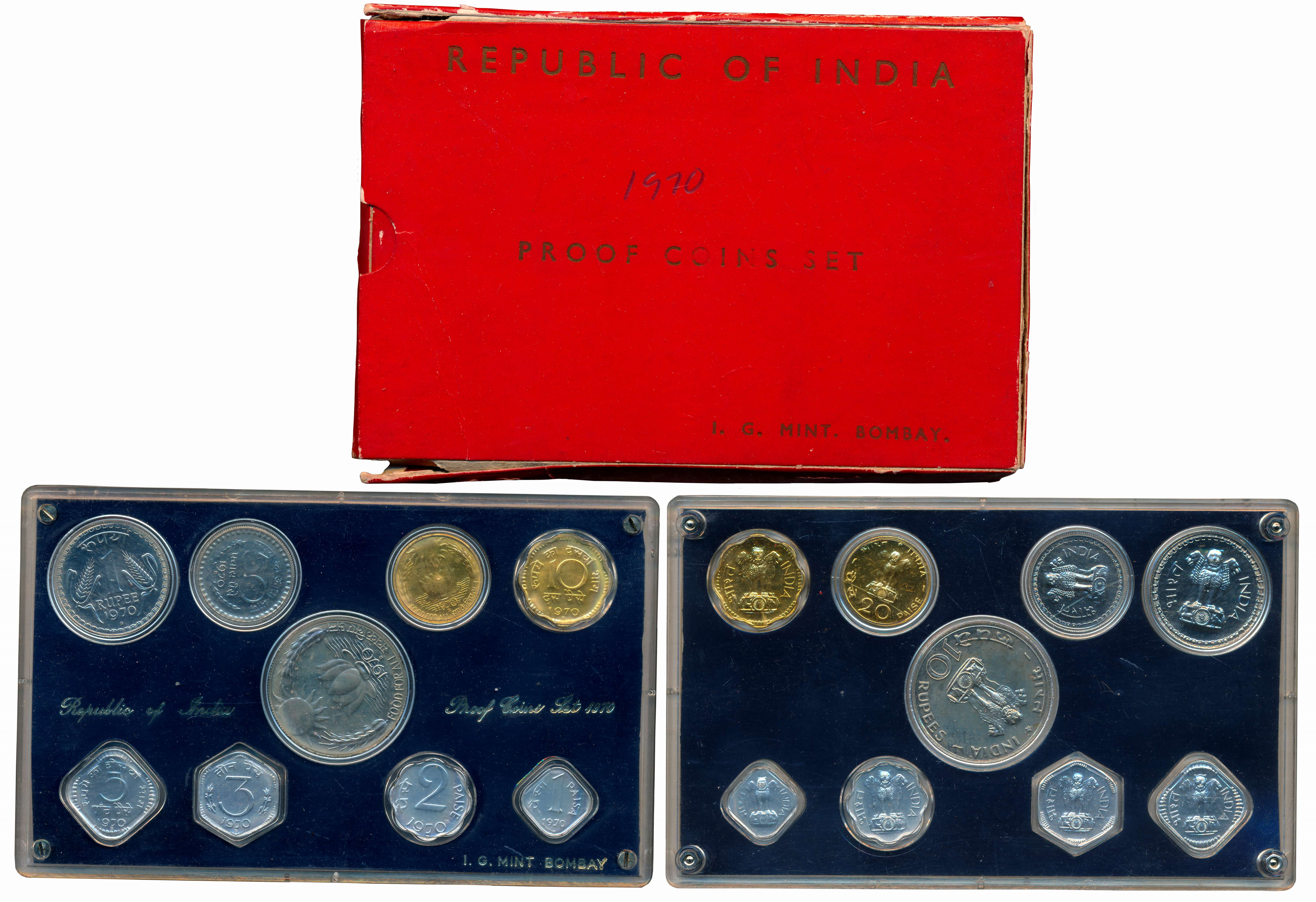 1970, Proof set of 9 coins, “Food for All”, Bombay Mint, Rupees 10 & Paise 20 (FAO), Rupee