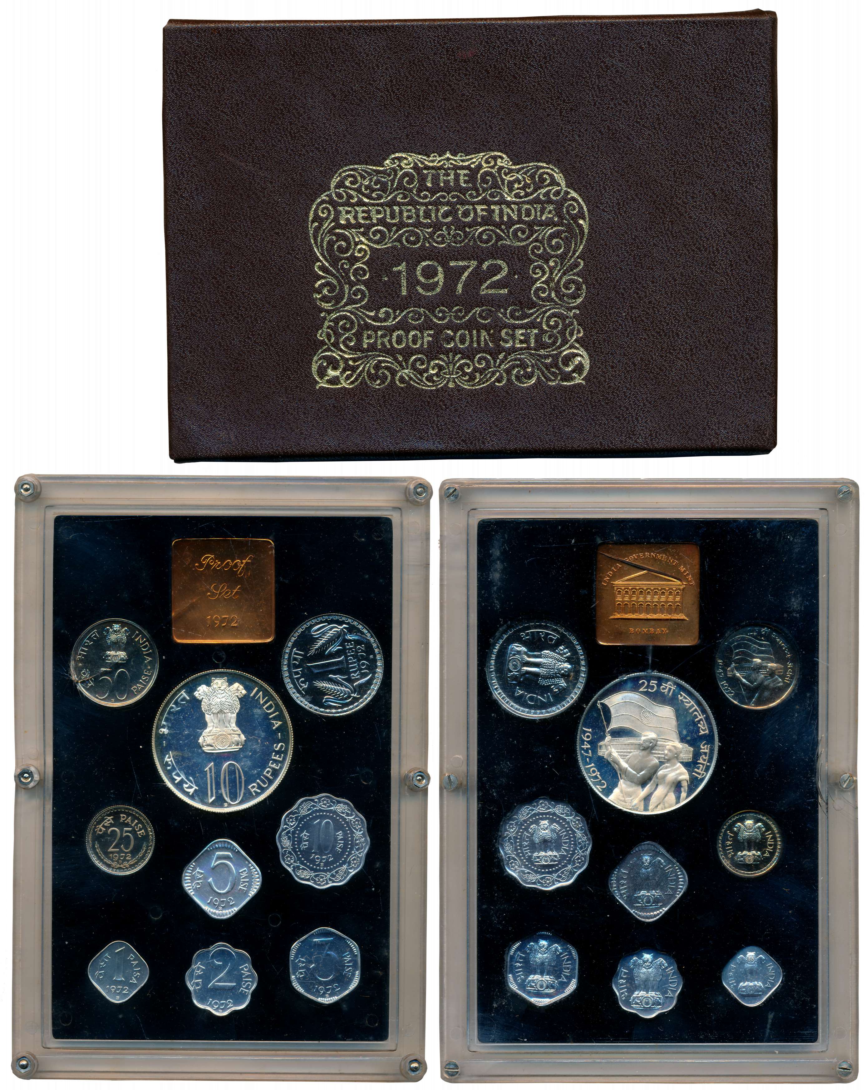 1972, Proof set of 9 coins, "25th Anniversary of India's Independence", Bombay Mint, Rupee
