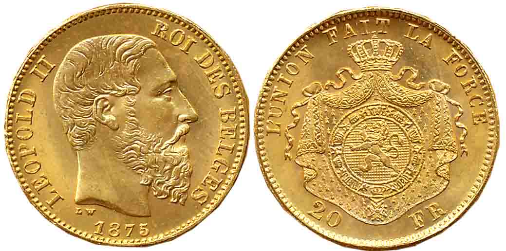 Belgium, Léopold II, Gold, 6.46g, Obv: Head of King Leopold II facing right, surrounded by