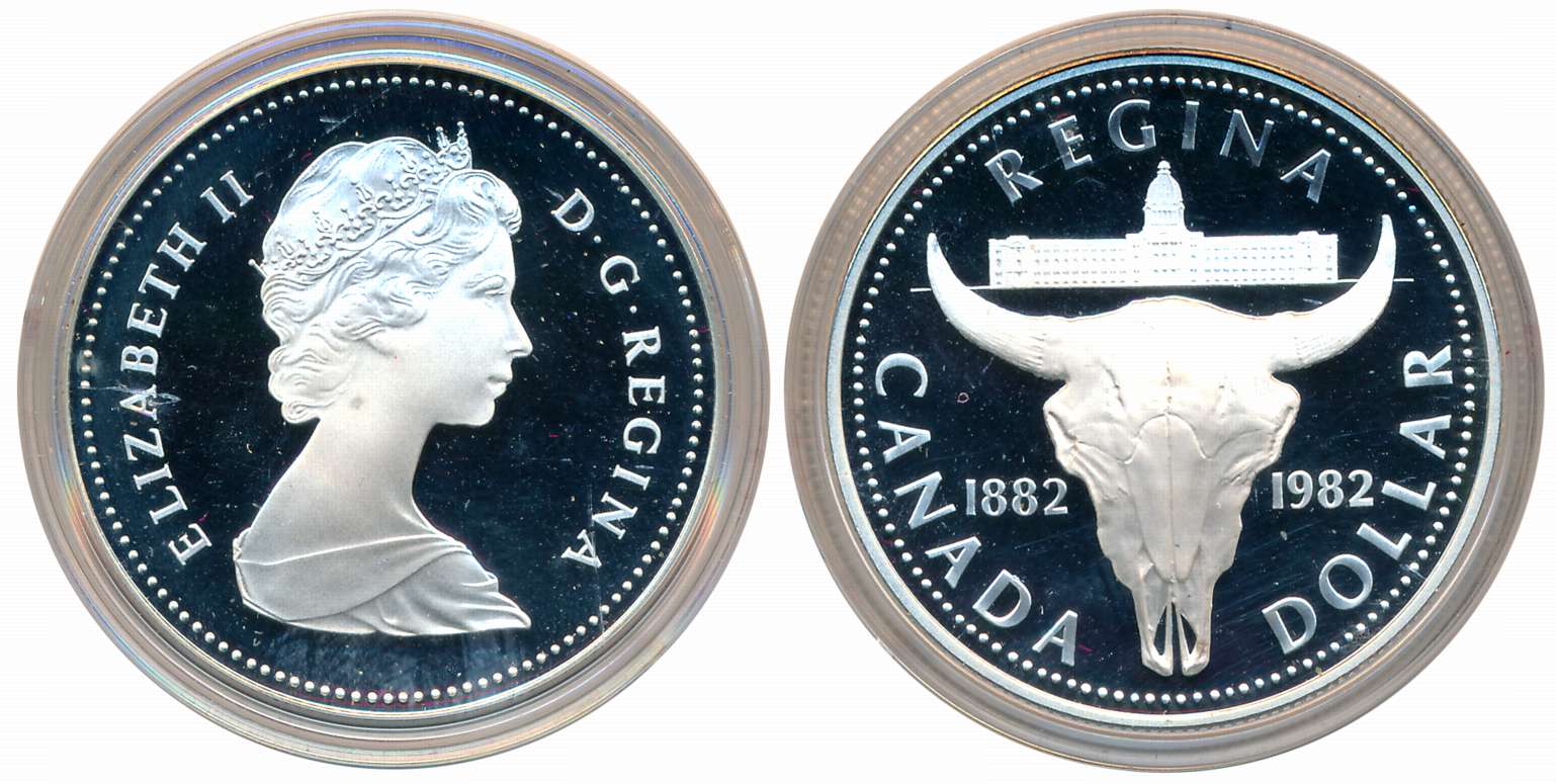 Canada, Elizabeth II, Silver 1 Dollar, 1982, “Regina's 100th Anniversary”, Obv: Legend “EL
