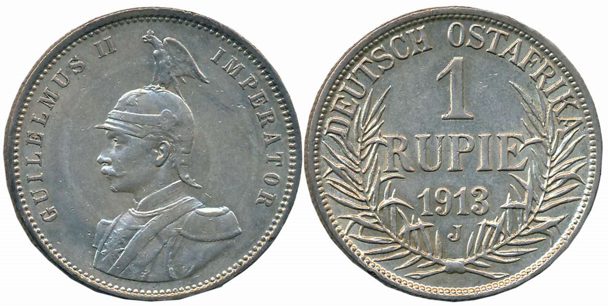German East Africa, Wihelm II, Silver Rupie, 1913 J, Obv: Armored bust to left, Rev: Denom