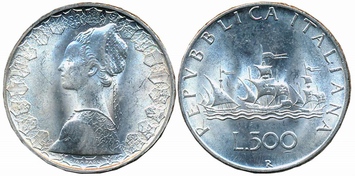 Italy, Silver 500 Lira, 11.01g, Obv: Bust of woman in Renaissance dress, representing Ital
