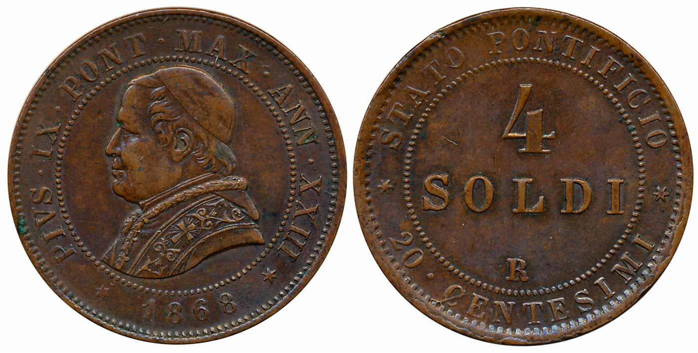 Papal (Italian), Pius IX, Copper 4 Soldi- 20 Centesimi, 19.79g, 1868, Obv: Bust left withi