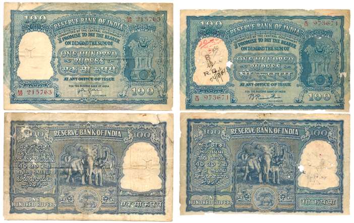 Republic of India, Rupees 100 (2), Type 7.3, Signed B. Rama Rau, Prefix H/13 (Jhun# 7.3.1)